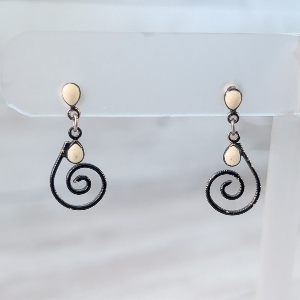Vintage Stud Earrings Cream & Black Spiral Dangle Dainty - Fair Condition